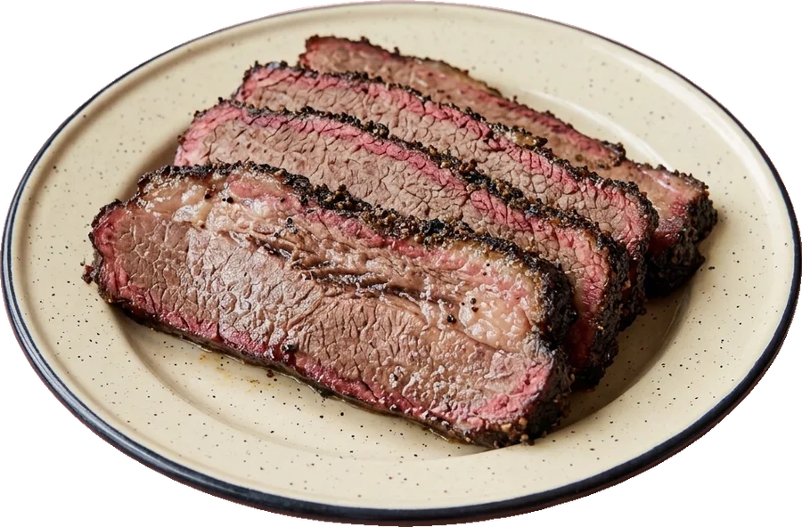 Thick slices of smoked brisket with a black pepper bark and pink smoke ring