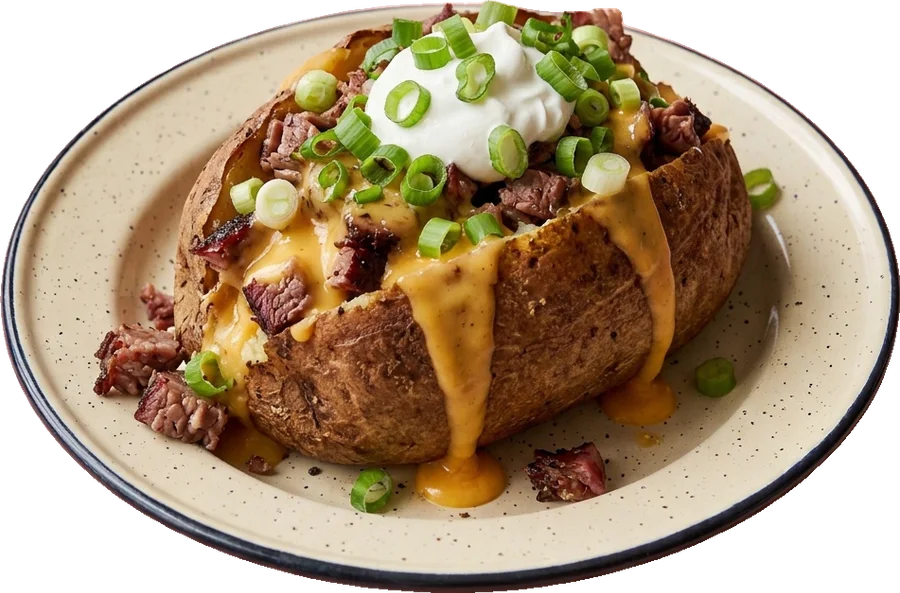 Baked potato loaded with chopped brisket, cheese sauce, sour cream and green onion