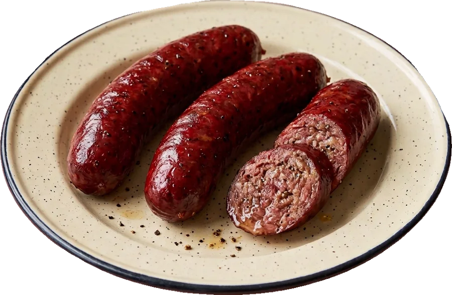 Three smoked beef sausage links, one sliced open