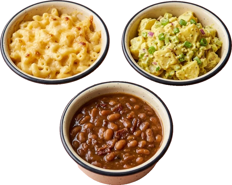 Bowls of mac and cheese, potato salad and baked beans