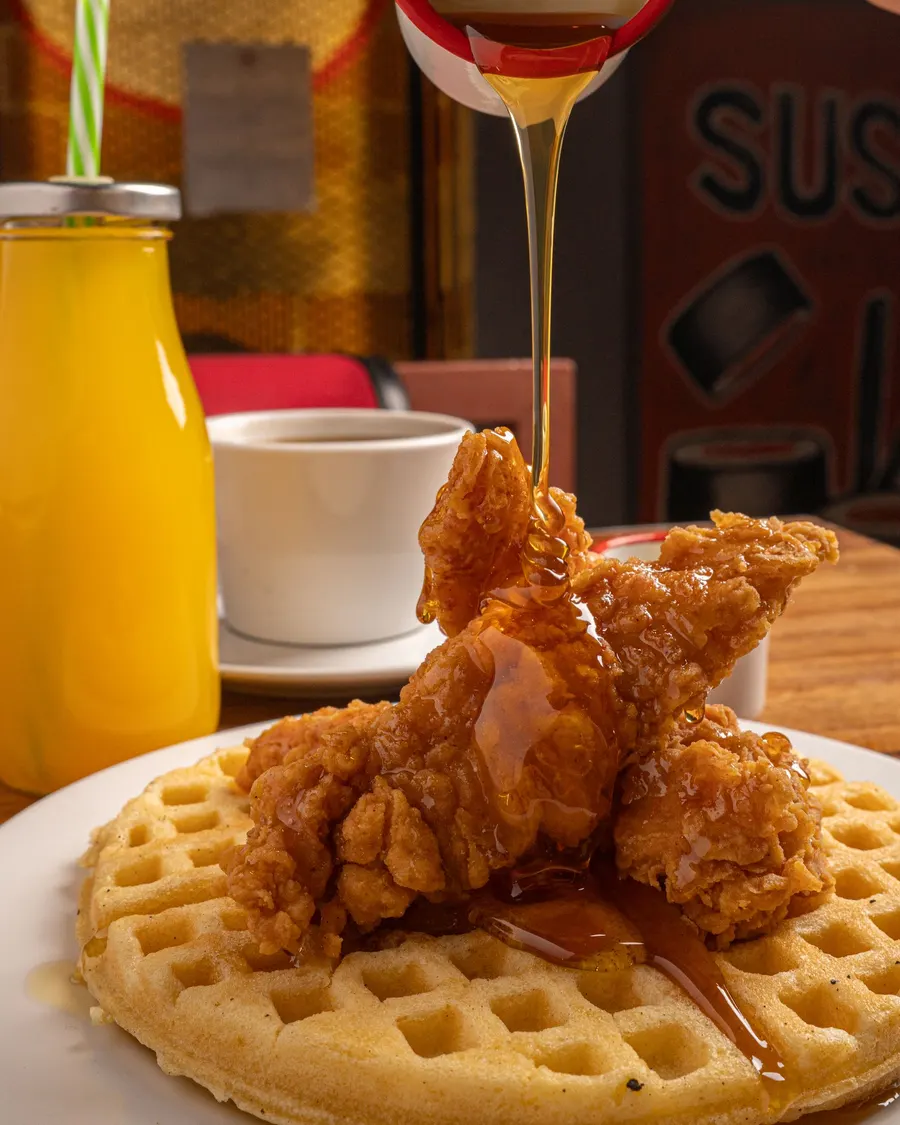 Crispy fried chicken on a waffle